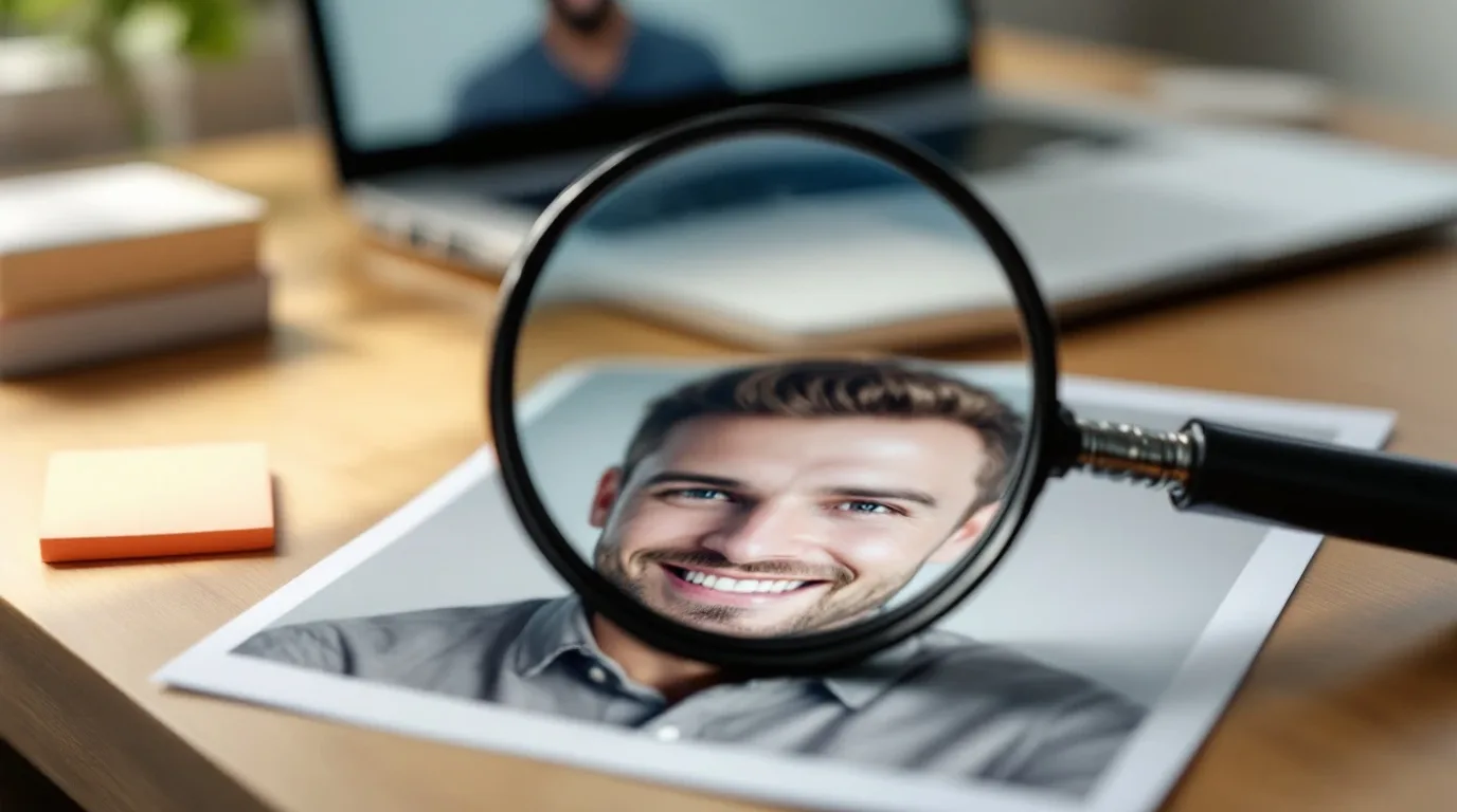 La prueba de LinkedIn es si la foto refleja tu parecido, no si la tomó una cámara Un portátil que muestra un perfil profesional desenfocado junto a un retrato impreso y una lupa