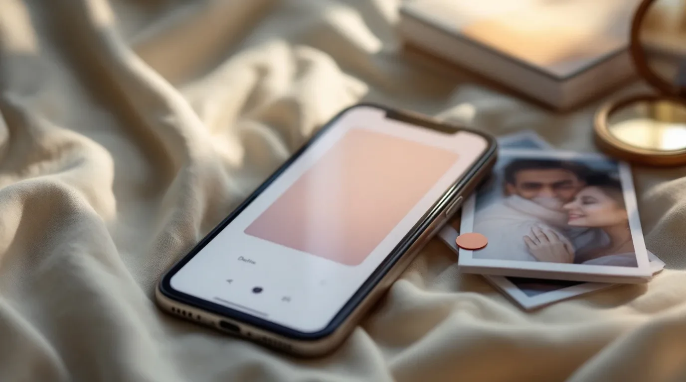 La prueba de las apps de citas es si un match te reconocería por la foto Un móvil con un perfil de citas desenfocado junto a fotos impresas y un pequeño espejo