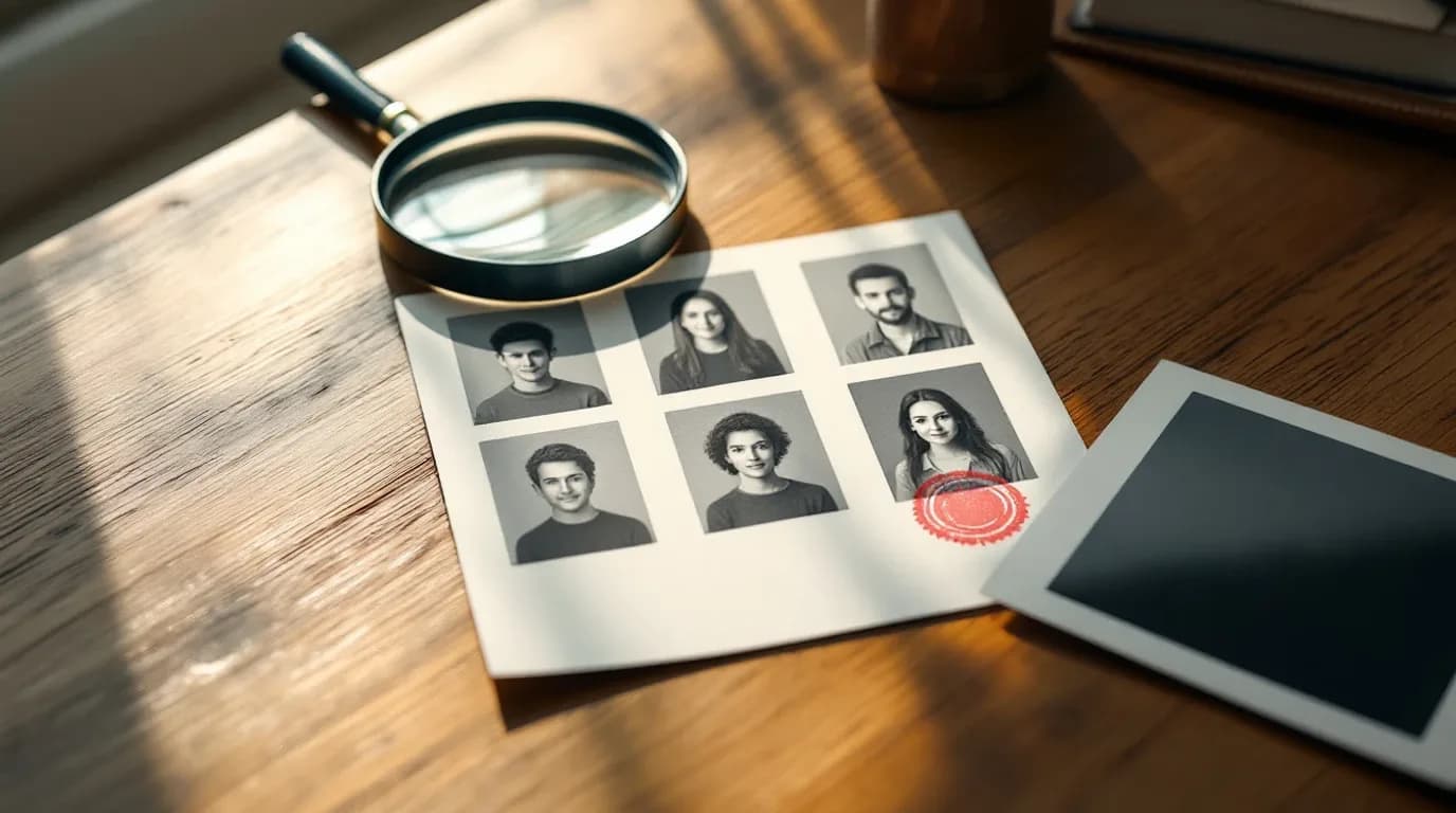 Una foto de pasaporte es una referencia de identidad, no un retrato que haya que mejorar Una hoja de fotos de pasaporte con una lupa y un sello de rechazo coral