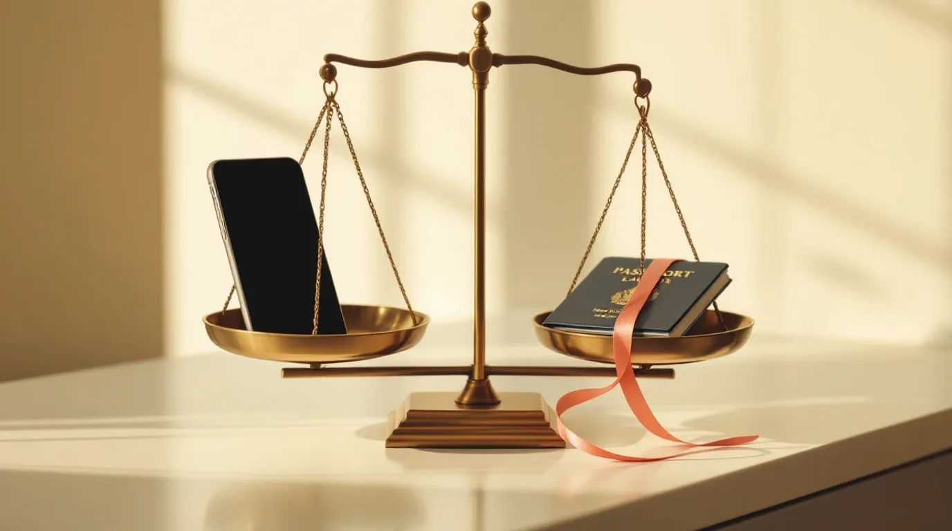 La misma imagen puede ser personal, profesional o un documento de identidad según el contexto Una balanza con un móvil en un plato y un pasaporte y un libro de derecho en el otro